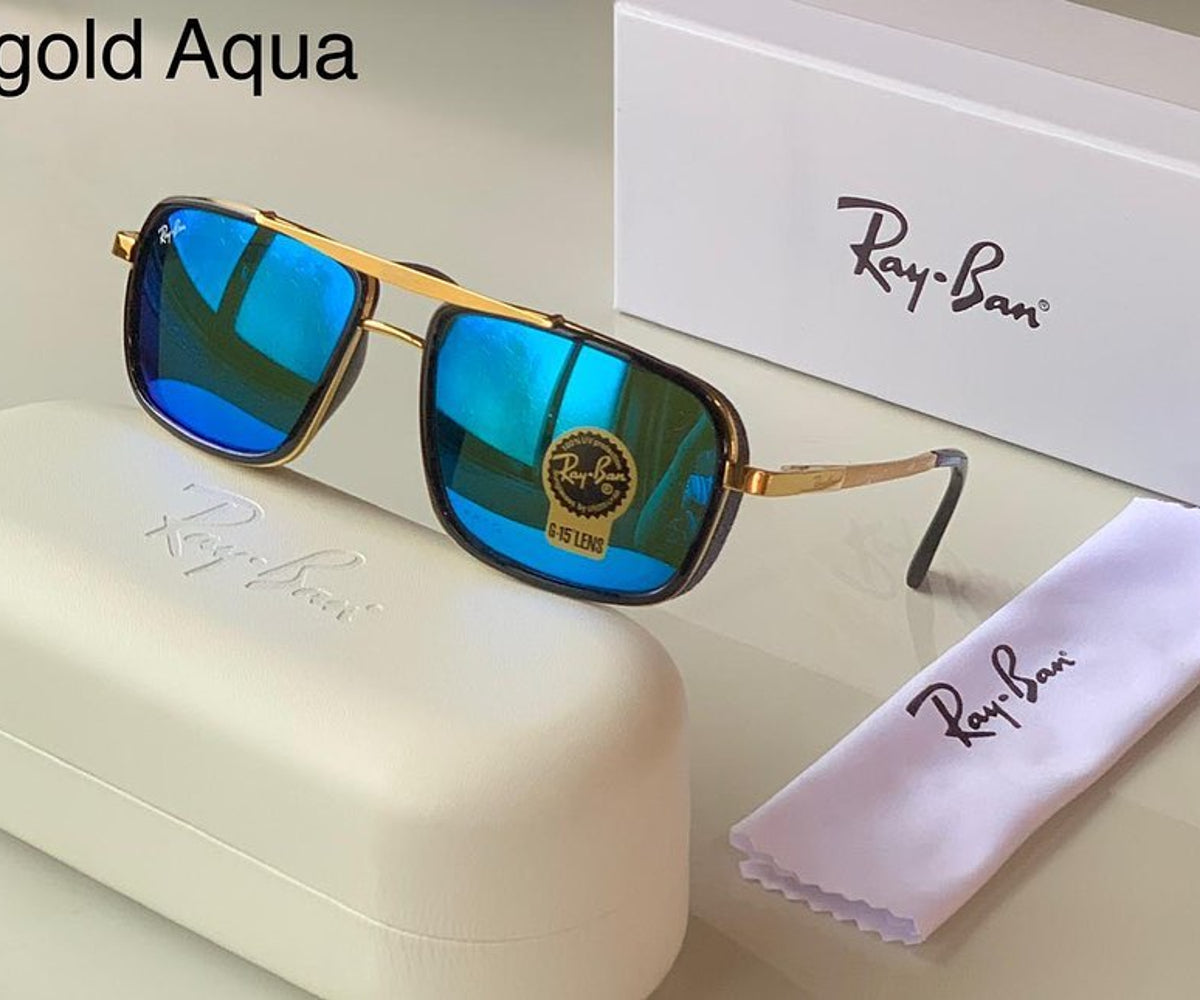 Ray-Ban RB New Stylish Super Hit Aqua Blue & Gold 4413 Square Causal Latest Master Pcs Sunglass For Unisex.