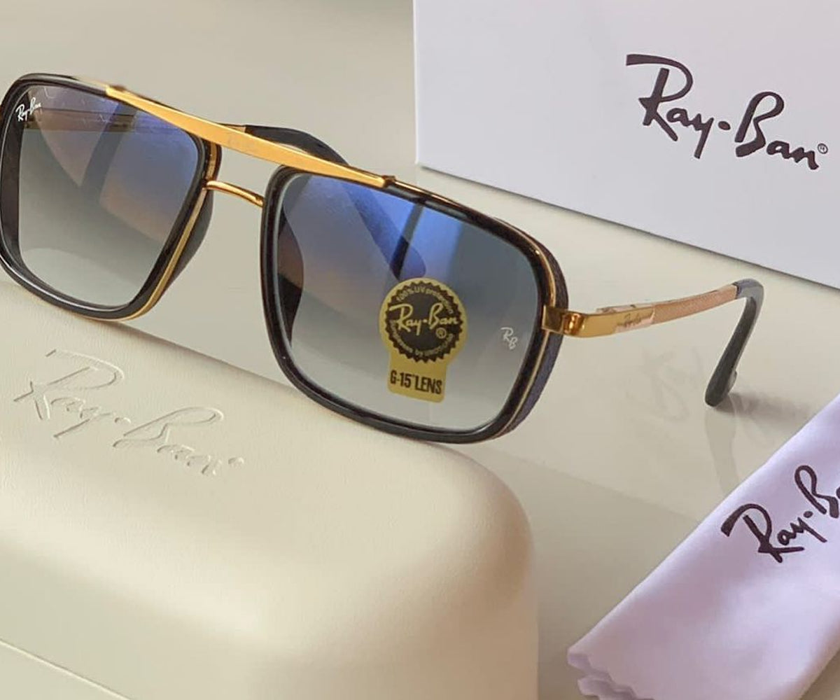Ray-Ban RB Stylish Super Hit Blue Shade & Gold 4413 Square Causal Latest Master Pcs Sunglass For Unisex.