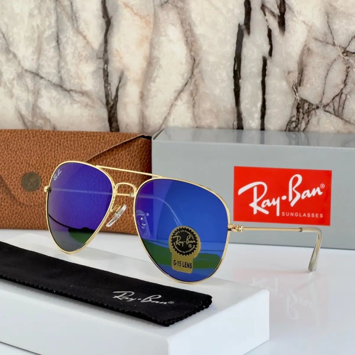 Ray-Ban New Stylish Aviator 3026 Blue and Gold Sunglasses for men and women.