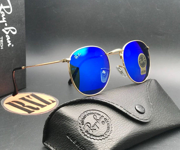 RB Ray-Ban New Fancy Design Stylish Blue & Gold 3447 Round Master Pcs Sunglass For Men